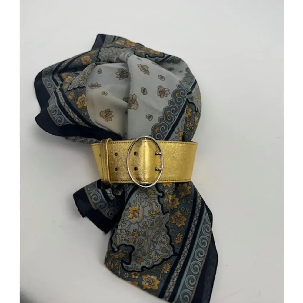 Prada Metallic Gold Leather Wide Statement Belt 36/85 Oval Buckle Made in Italy